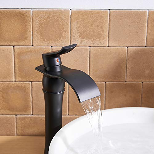 BWE Matte Black Bathroom Vessel Sink Faucet 1 Hole, Modern & Farmhouse | Single Handle, Wide Waterfall Spout, Ceramic Cartridge, Solid Brass Body, Pop-Up Drain & Water Line Included, Easy Install - color: Black