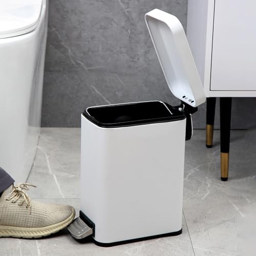 Sineng Bathroom Trash Can with Lid Soft Close, 1.6 Gallon Stainless Steel Small Pedal Garbage Can with Removable Inner Bucket, Waste Bin for Kitchen Bedroom, Compact Toilet Trash Bin, White - color: white