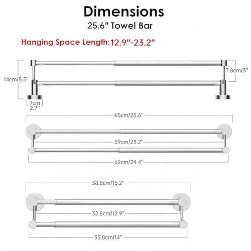 Double Towel Bar Towel Rack for Bathroom Wall Mounted Polished Chrome | Adjustable 16-26 In,Wall Mounted Towel Holder, Stainless Steel, Rustproof, Towel Bar Rod Hanger Hardware Accessories Hotel - color: Polished Chrome
