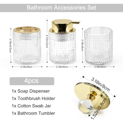 DASITON Bathroom Accessories Set,4Pcs Glass Bathroom Counter Set with Foaming Soap Dispenser,Toothbrush Holder,Bathroom Tumbler,Cotton Swab Jars, for Vanity Bathroom Decor (Clear) D1102 - style: Clear