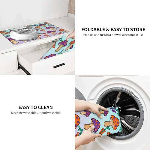 Cute Cartoon Mushroom Kitchen Dish Drying Mat Absorbent Reversible Microfiber Pad Fast Drying Countertop Protector Large “18 x 24" Dish Mat - color: Blue-purple-Mushroom