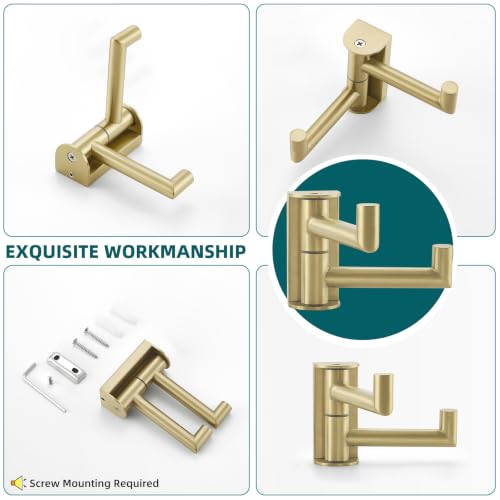 Suyar Brushed Gold Double Towel Hook, Swivel Coat Robe Holder for Bathroom | SUS304 Stainless Steel Wall Hook, Shower Bath Towel Hanger, Space-Saving Design, Wall Mounted, 2 Pack - color: Brushed Gold, size: 2 Pack