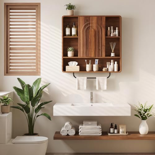 weselon 31.5" Bathroom Medicine Cabinet with Storage, Wall Mounted Over Toilet Cabinet with Towel Bar & 5 Hooks, Arched Fluted Double Doors, Adjustable Shelves & Open Storage (Walnut)