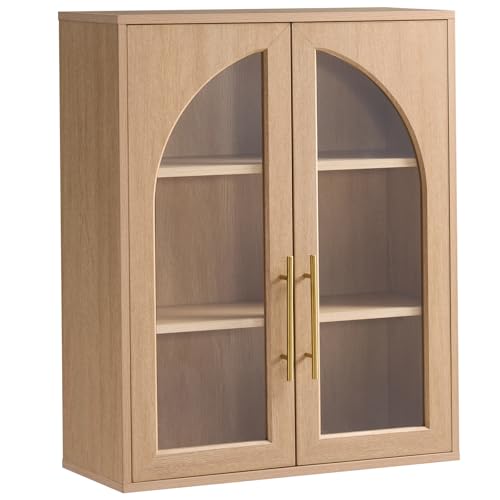 Bathroom Wall Cabinet, 23.5×31.4'' Storage Cabinet, Arched Cabinet Wall Mount with Adjustable Shelf & Glass Doors, Medicine Cabinet for Laundry Room, Bathroom, Kitchen, Living Room,Natural Oak - color: Natural Oak