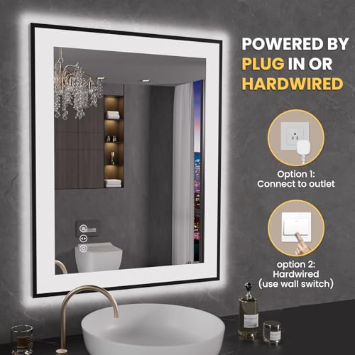 LOAAO 24"X30" LED Bathroom Mirror Black Framed | Anti-Fog, Dimmable, Memory Function, Tempered Glass, Lighted Vanity Mirror for Wall - size: 24"L x 30"W