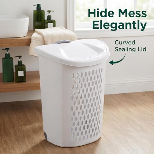 2-Bushel Rolling Plastic Laundry Basket with Wheels & Lid, White | Heavy-duty build, retractable pull handle, ideal for dorm rooms & apartment laundry storage