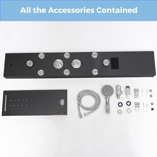 DELAVIN LED Stainless Steel Shower Tower, 5-Function Shower Panel Tower | Temperature Display, with Rainfall Waterfall Shower Head, Massage Body Jets, Tub Spout, Handheld Shower, Brushed Black - color: Brushed Black, style: 8 Body Jets With LED