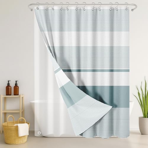 3 in 1 Shower Curtain and Liner,72 x 72 inch, Teal Geometric | Modern Striped Shower Curtain and PEVA Liner Set with 12 Rust-Resistant Metal Hooks, Waterproof Fabric Curtains for Bathroom - color: Teal