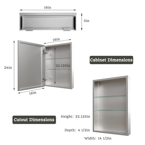 16 x 24 in Medicine Cabinet with Mirror and Side Panels, Silver | Surface or Recessed Medicine Cabinet Mirror with Storage, Adjustable Shelves, Aluminum Alloy Frame, Assembly Required - size: 16''x24''