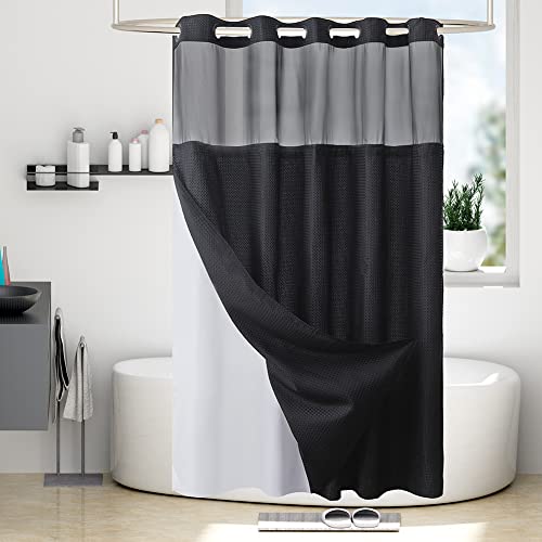 Furlinic Extra Long No Hook Waffle Weave Shower Curtain with Snap in Fabric Liner Set,Heavy Duty Bathroom Curtains with See Through Window,Machine Washable & Waterproof,Black,71x84 Inch - color: Black, size: 71"W x 84"L (Pack of 1)