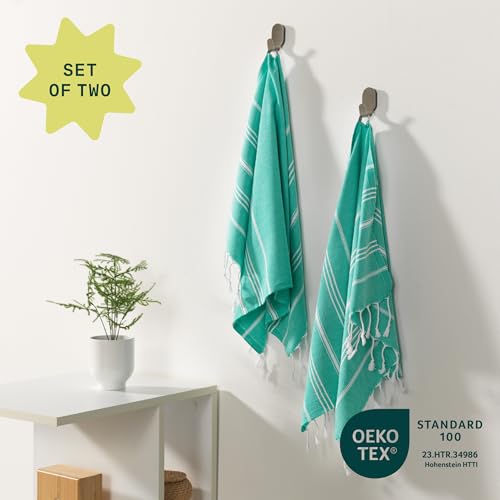 WETCAT Turkish Hand Towels with Hanging Loop, Set of 2 (20" x 30") 100% Turkish Cotton, Pre-Washed, Quick Drying, for Kitchen or Bathroom - Mint Green - color: Mint Green