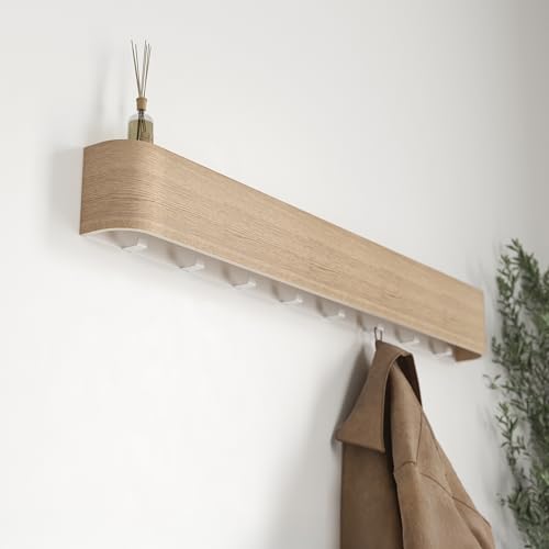 Kazai. Wall-Mounted Coat Rack 'Toke' - Modern Design Coat Rack with Hidden Wall Hooks - Solid Wood Veneer Panel Coat Hanger - Oak, White - color: Oak, White, size: 8 Hooks