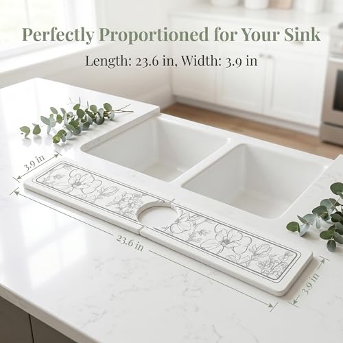 Faucet Mat for Kitchen Sink Splash Guard, Kitchen Sink Mat, Floral Stone Drying Mat for Kitchen Counter 23.6*3.9 inch Flower