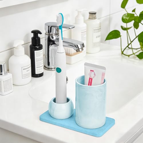 Ceramic Toothbrush Holder & Toothbrush Cup with Diatomite Tray for Bathroom, Bathroom Tumbler Cups Reusable Toothbrush Mouthwash Cup, Shower Counter Storage Organizer (Blue) - color: Blue Combination
