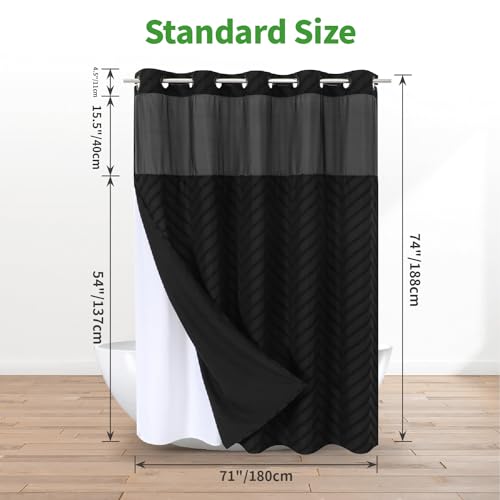 eachope No Hook Tufted Chevron Striped Shower Curtain with Snap-in Fabric Liner set-71Wx74H(72H),Black Hotel Grade Boho Style Shower Curtain with See Through Top Window,Water Repellent - color: Black, size: 71"W x 74"L (Pack of 1)