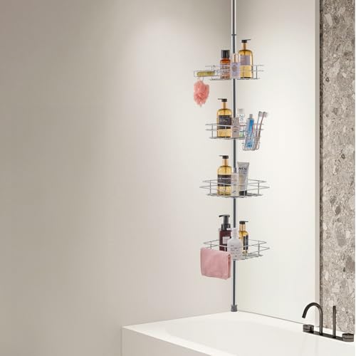 VEVOR Shower Corner Caddy Tension Pole, 42" to 114" High, Multi-Functional Shower Tension Pole with Strong Load-Bearing Tray, Rust-Proof Easy-to-Install, Fit for Bathroom & Washroom, Silver