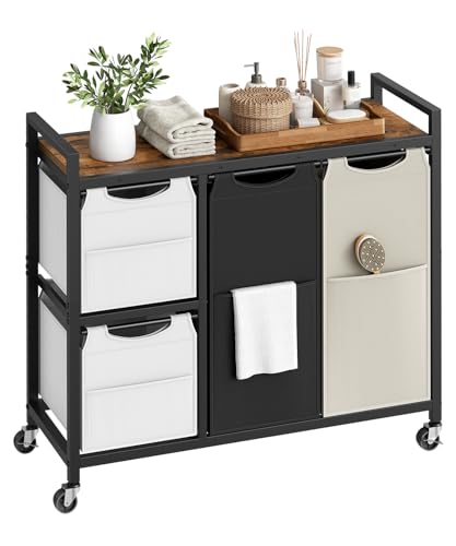 HOOBRO Laundry Sorter with 4 Section, 39 Gal. (147 L) Laundry Hamper with Wheels, Rolling Laundry Basket with Shelf, Pull-Out Detachable Bags, Side Pockets, Rustic Brown, Black and Beige BFE14XY01N1 - color: Rustic Brown + Black + Beige + Gray