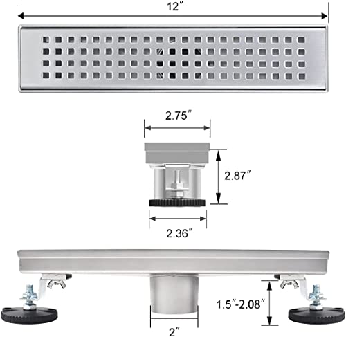 12 inch Linear Shower Drain Brushed Silver with Grate Removable | Square Hole Panel,AISI 304 Stainless Steel Fast Drainage Rectangle Hidden Shower Trench,Detachable Hair Catcher,Leveling Feet - color: Stainless Steel, size: 12 inch+No Base