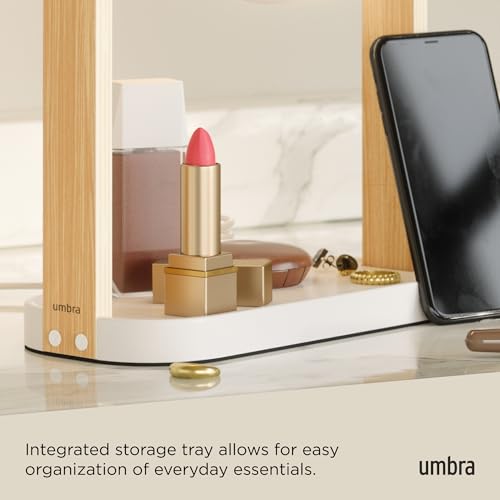 Umbra Bellwood Vanity Mirror, LED Double-Sided Magnifying, White/Natural | Glass frame, three light temperatures, touch sensor dimming, integrated storage tray, USB-C powered