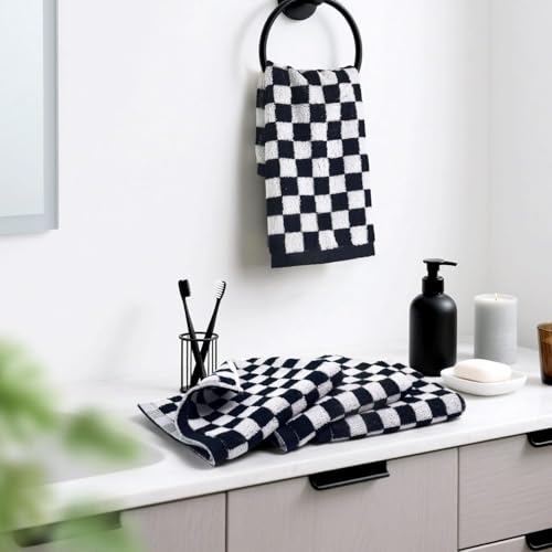 Jacquotha Wash Cloths Checkered 4 Pack (Black and White) | Cotton Washcloths for Face Body, 13 x 13 Inches Daily Cleansing Kitchen Towels - color: Black