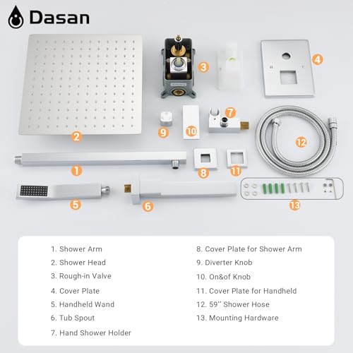 DASAN Tub Shower Faucets Sets Complete Chrome Bathtub Shower System with Tub Spout, Bathtub Faucet Set Tub and Shower Faucet Combo Trim Kit with Rough-in Valve, DA-SS03PC-S10W - color: Chrome