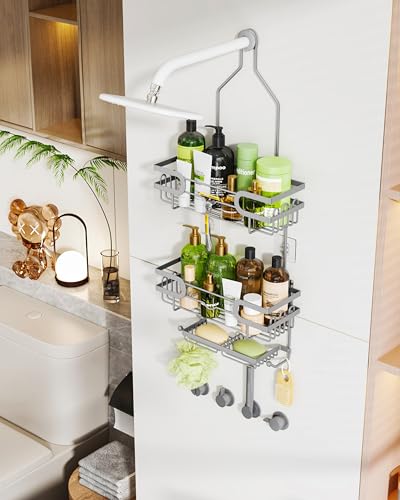 HapiRm Bathroom Hanging Shower Caddy - Rustproof Shower Shelf with 12 Hooks and 2 Soap Holders, No Drilling Bathroom Organizers and Storage - Silver - color: Silver(Large)