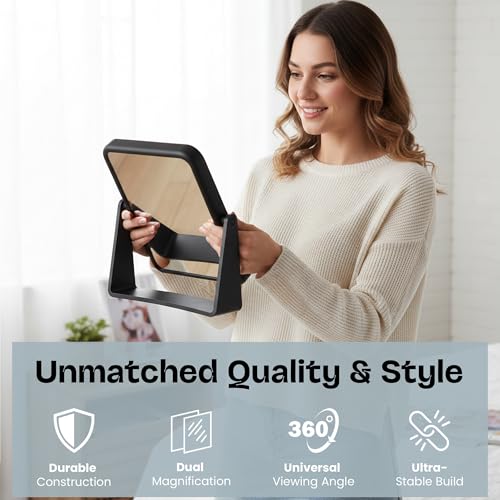 Danielle Creations Rectangle Soft Touch Vanity Mirror, Black, 1x/7x Magnifying Makeup Mirror with Stand, Portable Tabletop Bathroom or Desk Mirror