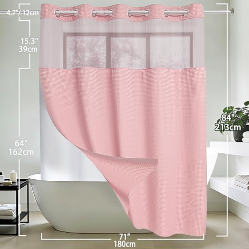 Conbo Mio Extra Long No Hook Waffle Weave Shower Curtain with Snap in Liner Set, Hotel Luxury Pink Shower Curtains for Bathroom with See Through Top Window, Waterproof, Washable 71W x 84H - color: Waffle-pink, size: 71"W x 84"L (Pack of 1)