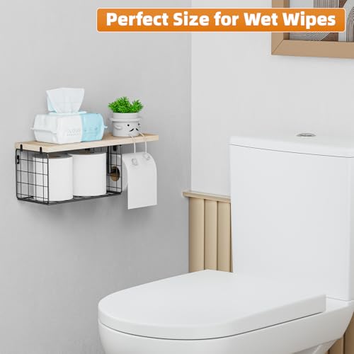 VITVITI Toilet Paper Holder with Shelf Wall Mounted Storage Basket, Natural | Farmhouse Wall Mount Toilet Paper Holder Shelves, Wood Metal Toilet Roll Wipes Holder for Bathroom - color: Natural