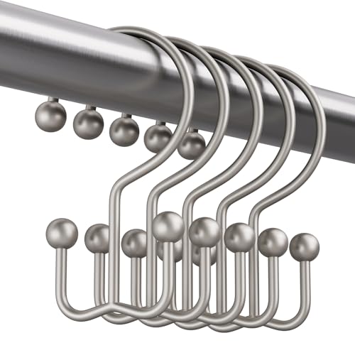 Matte Nickel Shower Curtain Hooks, 12PCS Minimalist Simple Double Shower Curtain Rings, Rust-Resistant Metal Shower Hooks Shower Curtain Hangers, Shower Rings for Bathroom Shower Rods Curtains - color: Matte Nickel, style: Minimalist - Double Hooks