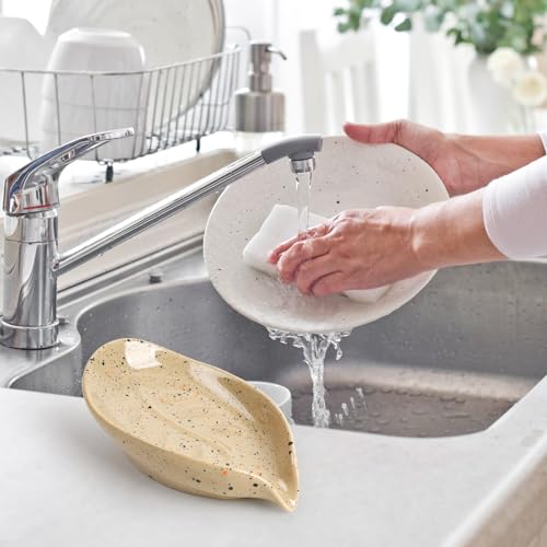 Soap Dish, Self Draining Soap Dishes 2PCS, Leaf Shape Ceramic Bar Soap Holder Drain Soap Dishes for Bathroom Sink Shower Kitchen, Easy to Clean Keeps Soap Dry, ANTIS'S HOME - color: Lightcurry-2pcs-enhanced Draining