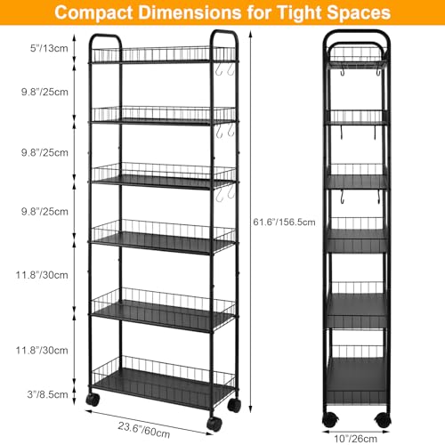 6-Tier Slim Rolling Storage Cart with Wheels Storage Carts Metal Utility Organizer, Narrow Mobile Shelving Unit for Kitchen, Bathroom, Laundry, Office (10in)