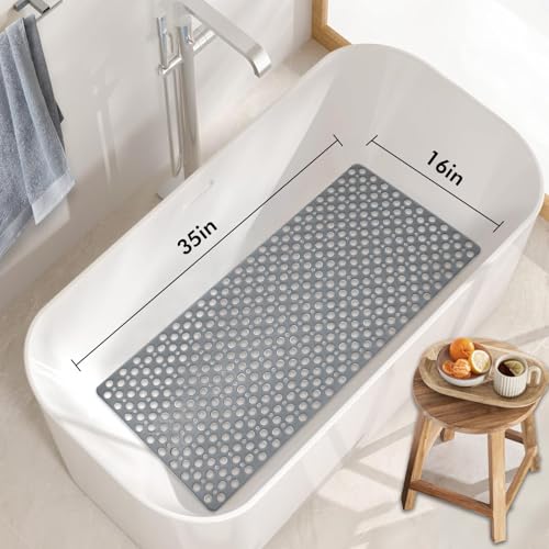 Tiamo TPE Bathtub Mat Non Slip Quick Dry Suction Cups Shower Mat | 35x16 inch long size,machine washable,gray, deal for elderly,pregnant women,kids,smooth surfaces only - color: Grey, size: 35" x 16" (Rectangular)