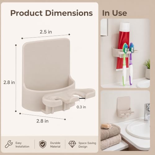 Adhesive Toothbrush Holders, Wall Mounted Space Saving 3 in 1 with Gargle Cup, for Bathroom Shower Mirror, Stick On Tooth Paste Hanger, Daily Use