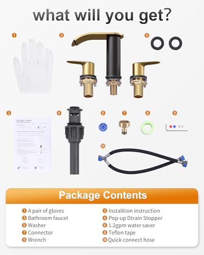 WOWOW Waterfall Bathroom Faucet 3 Holes 8Inch Widespread Bathroom Sink Faucet, Two Handles Lavatory Vanity Sink Faucets with Pop-up Drain & Supply Hoses, Modern Faucet Mixer Taps Black and Gold - color: Black and Gold