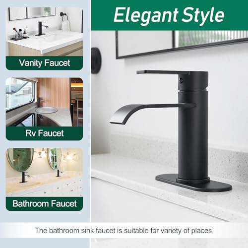 VOTON Bathroom Faucets Matte Black 1 Hole Waterfall with Drain & Deck Plate | Waterfall Spout | Matte Black | Lead-Free SUS 304 | Pop-Up Drain | 1/3 Hole Install | 6 in Deck Plate - color: Black