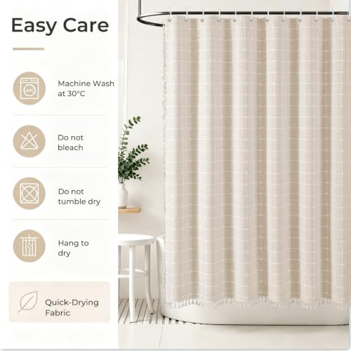 Boho Beige Striped Shower Curtain Farmhouse Polyester- linen Neutral Shower Curtains for Bathroom,Country Heavy Duty Bathroom Curtain Set with Tassel - Bohemian Cloth Shower Curtain 71x71 Inch - color: Cream, size: 71"W x 71"L (Pack of 1)