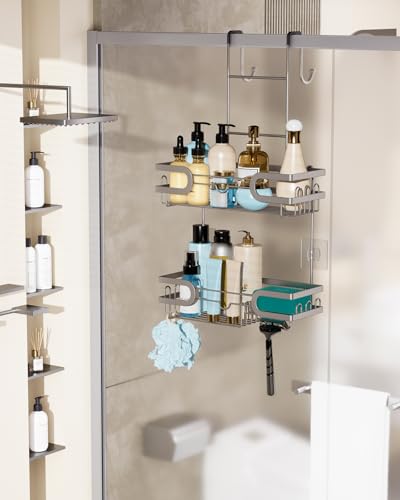 HapiRm Shower Caddy over Door- Hanging Shower Organizer with 14 Hooks and Soap Holder, Rustproof & Waterproof Stainless Steel Bathroom Shelf - Brushed Nickel - color: Brushed Nickel
