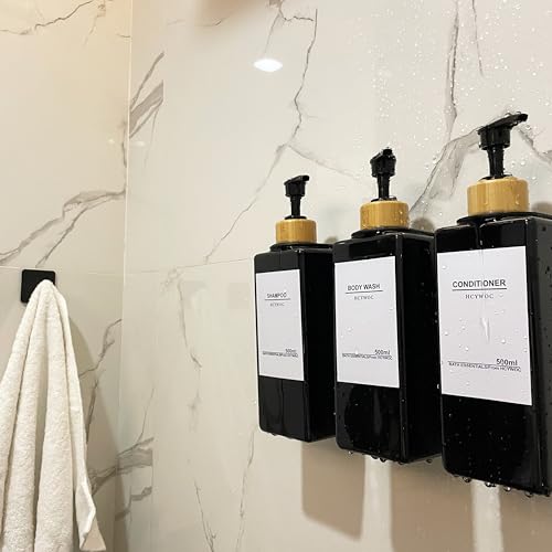Shampoo and Conditioner Dispenser, No Drill, 16 Waterproof Labels | Shampoo Dispenser for Shower Wall, Shower Soap Dispenser Wall Mounted 3 Chamber, Bathroom, 17oz, Bamboo Black - color: Black Bottle + Bamboo Pump