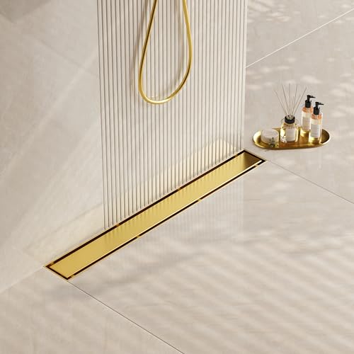 Neodrain 28" Gold Linear Shower Drain,2-in-1 Flat& Tile Insert Cover | 304 Stainless Steel,Fast Drainage, Durable,Rectangle Shower Floor Drain with Adjustable Feet,Hair Strainer,Fits Bathrooms - color: Golden, size: 28 In