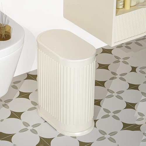 1.6 Gallon Trash Can with Lid, Small Bathroom Trash Can Wastebasket, Slim Garbage Can with Inner Bucket, Press Top Lid Garbage Container Bin for Kitchen, Home, Office, Bedroom, Living Room - color: Cream White