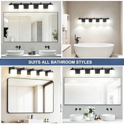 36.5 Inches Bathroom Vanity Light, 5-Light Black Bathroom Light Fixtures Over Mirror, Bathroom Light Shower Lamp with Milky White Square Glass Shade, Modern Farmhouse Lighting Fixtures - color: Black, size: 36.5 Inch : 5-lights
