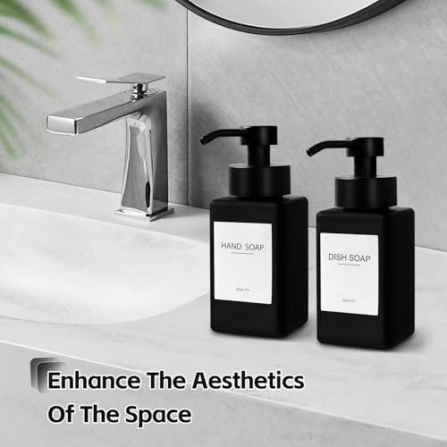 Black Foaming Hand Soap Dispenser, 12oz/350ml Glass Square Foam Soap Dispenser Set, 2Pcs Foaming Soap Dispenser with Foaming Pump, Refillable Soap Foam Dispenser for Bathroom, Kitchen - color: Black Bottle