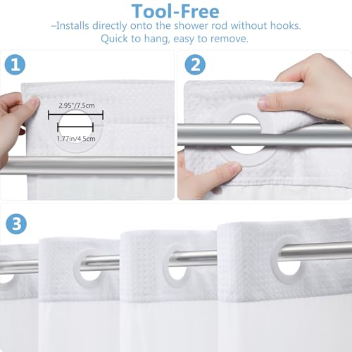 VANZAVANZU Hookless Shower Curtain with Mesh Top and Snap in Waterproof Liner, Waffle Weave, Weighted Magnets Hem, Machine Washable, 72 x 75 Inches – (White)