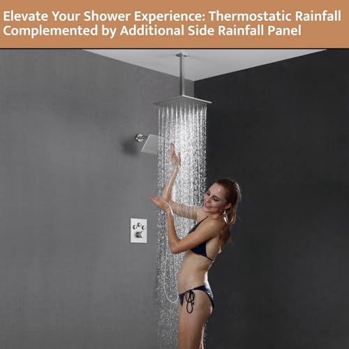 Thermostatic Shower System Brushed Nickel, Push Button Diverter Shower Faucet with 2 in 1 Handheld, Ceiling Mount 12 Inch Shower Head with 6 Inch Wall Mount Shower Head - color: Brushed Nickel, style: 12 Inch