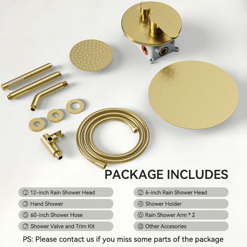 Shower Systems Shower Faucet Sets STARBATH 3 Way 12+6" Round Dual Rainfall Shower Head with Handheld Spray Combo, Ceiling Mounted Rain Shower Valve with 5 Diverter and Trim Kit Complete, Brushed Gold - color: Brushed Gold, size: 6+12 inch-04
