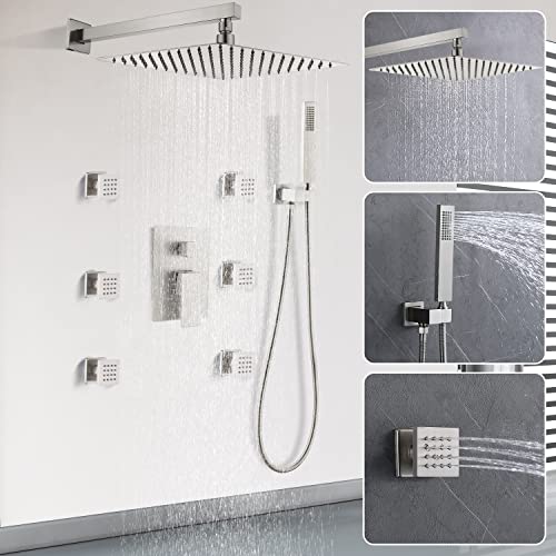 Enga Shower System with Body Jets 12 Inch Wall Mounted Rain Shower and Handheld Sprays Brass Full Body Massage Spa Jets Contain Rough-in Shower Valve, Brushed Nickel - color: Brushed Nickel, style: Wall Mount - 6 Jets
