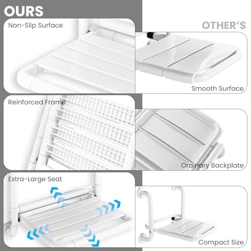 16-Inch Wall Mounted Shower Seats with Armrests, Space-Saving Foldable Shower Bench for Small Bathrooms, Safety Wall-Mounted Foldable Shower Chair with Reflective Strips, Holds up to 330 lbs