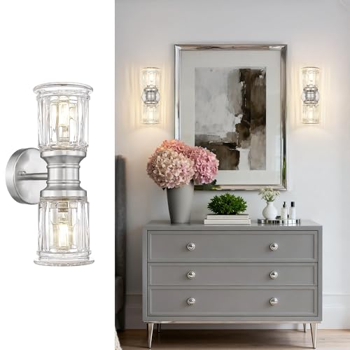 Bathroom Wall Sconces, HWH Brushed Nickel Wall Lighting for Bedroom, 2-Light Bathroom Light Fixtures with Bell-Shaped Clear Glass, Brushed Nickel Finish, 5HZG106B-2W BN - color: Brushed Nickel, size: 2-Light
