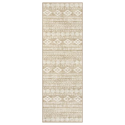 Lahome Boho Geometric Washable Runner Rug, 2x6 Low-Pile Tan Long Bathroom Runner Rug Non Slip Washable, Rustic Print Pattern Soft Bedroom Carpet Runner 6ft for Entryway Laundry Room Varena - color: Tan/White, size: 2' x 6'